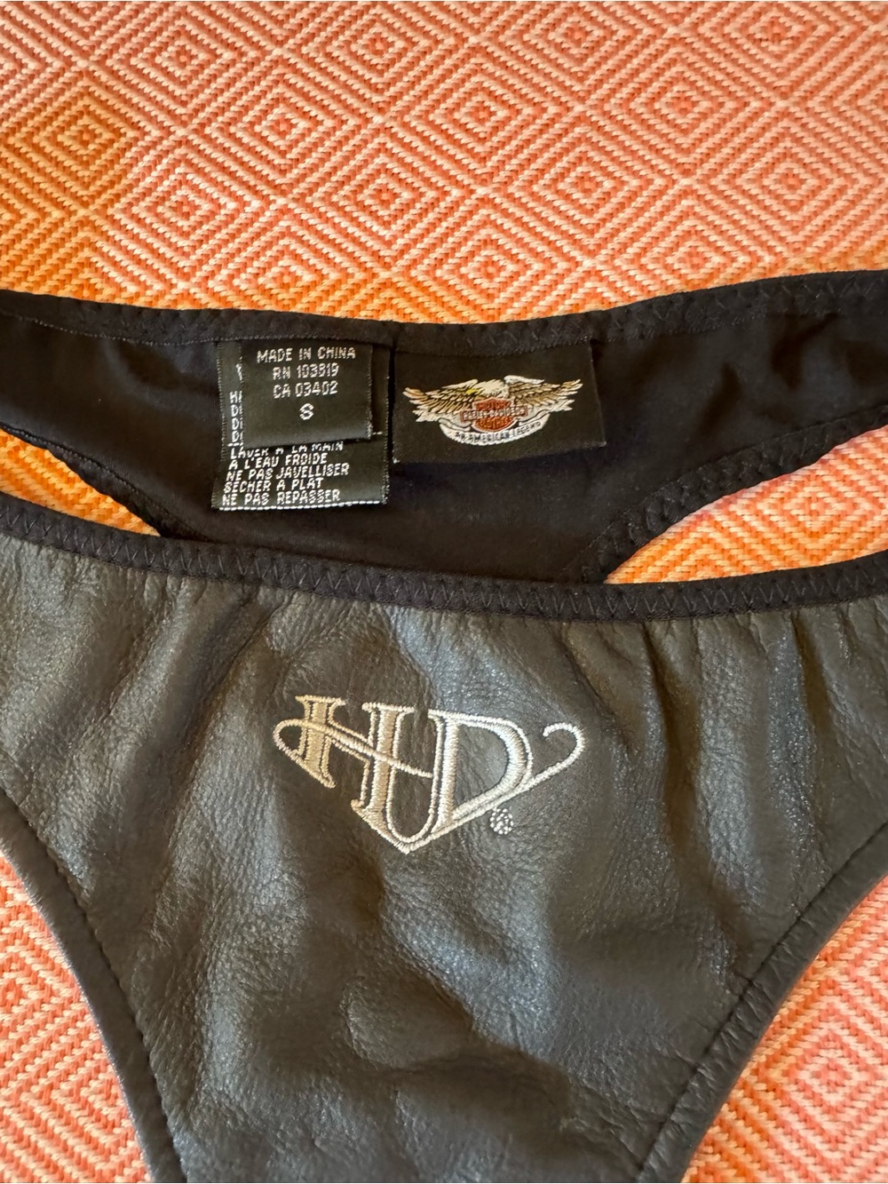 Size Small Harley-Davidson Black Leather Thong panty with Silver HD Embroidery